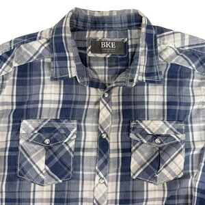 BKE Buckle Pearl Snap Men's Blue Plaid Shirt Sz XL Long Sleeve Standard Fit